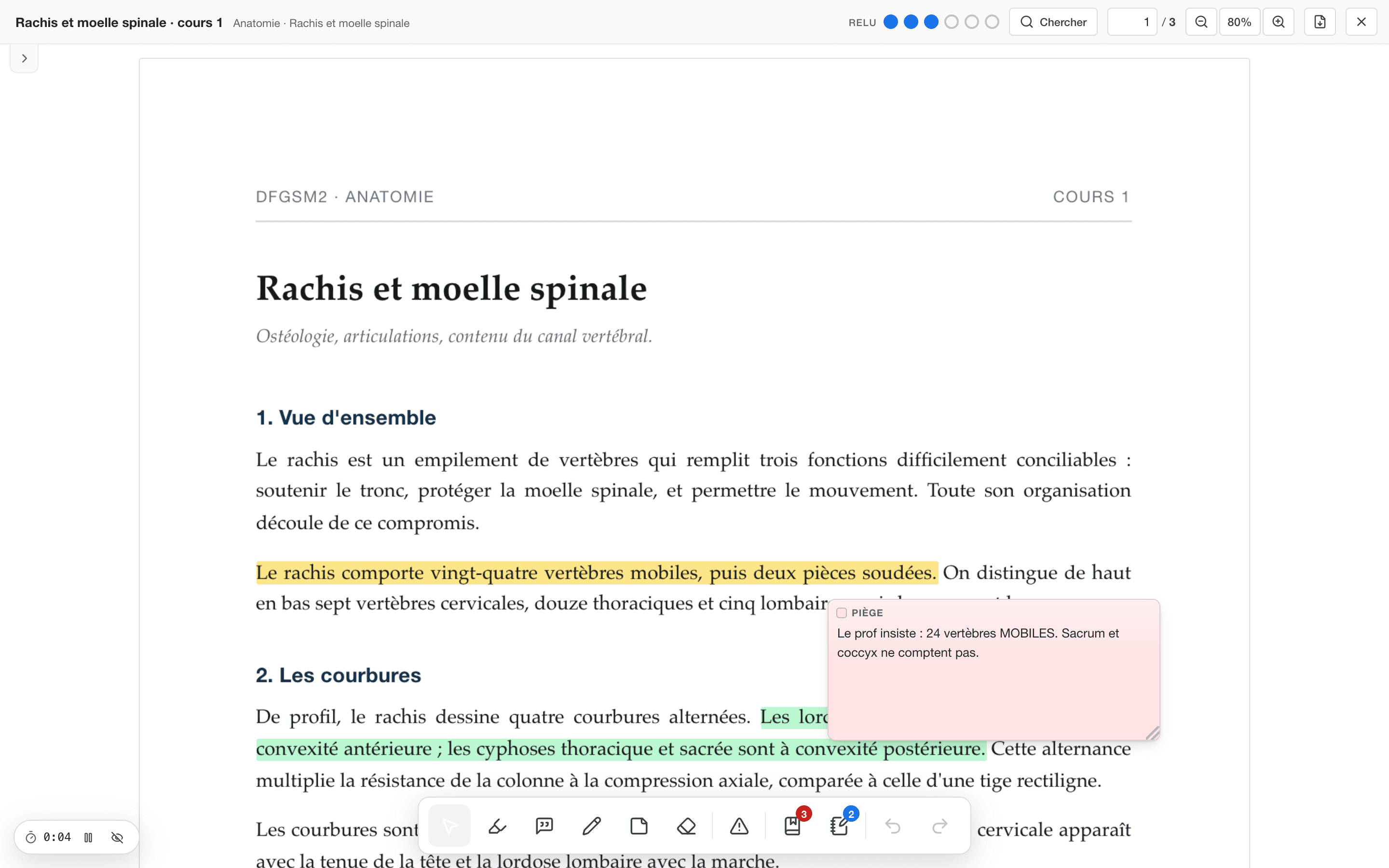 L'atelier de Mnemesia : un polycopié ouvert, avec des passages surlignés en jaune et en vert, un post-it rouge et la barre d'outils d'annotation.