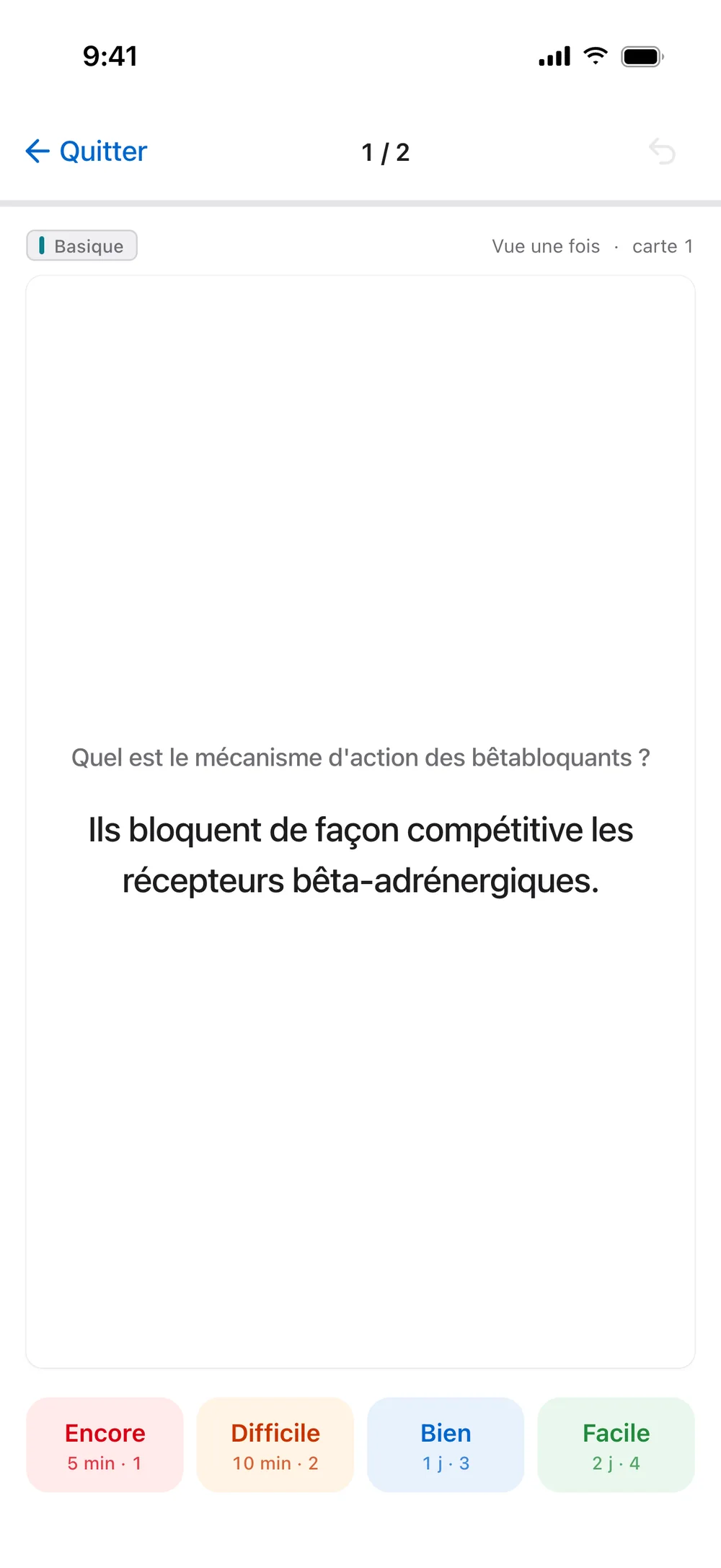 Une carte en cours de révision sur l'iPhone, avec les boutons Encore, Difficile, Bien et Facile en bas de l'écran.