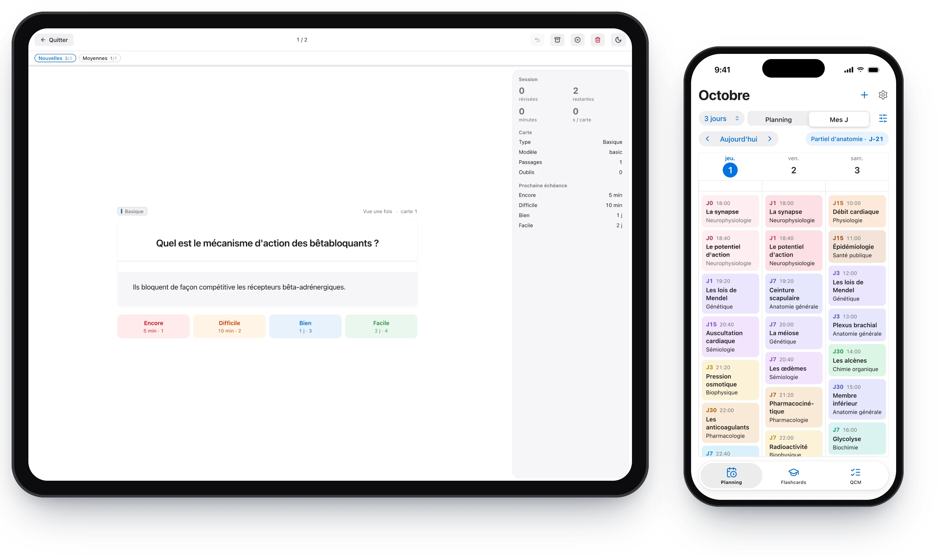 Mnemesia sur iPad et iPhone : une carte en cours de révision sur l'iPad, les J du jour sur l'iPhone.
