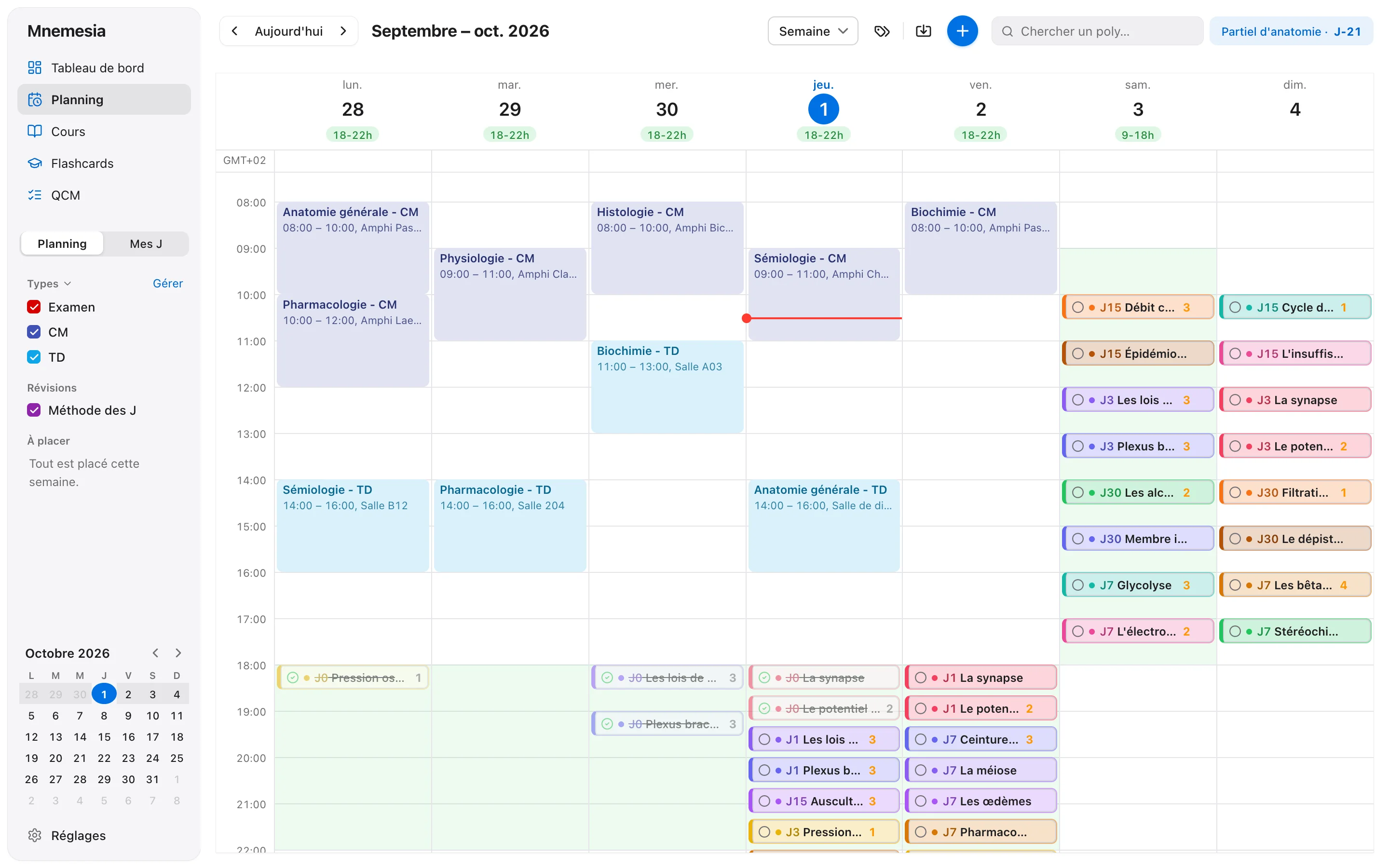 Le planning sur l'ordinateur : la semaine de cours importée de la faculté et les J de la méthode des J posés le soir.