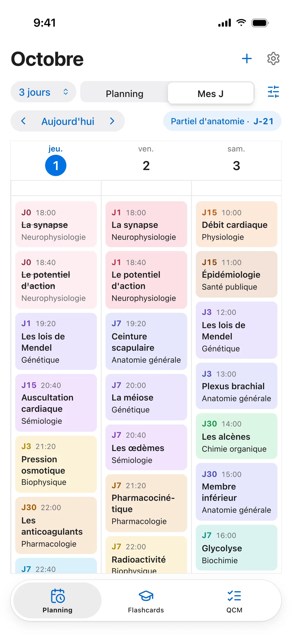 Les J des trois prochains jours sur l'iPhone, chacun avec son heure, son cours et sa matière.